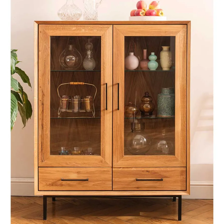 Wildeiche Vitrine mit zwei Schubladen - Kerfa Highboards|Vitrinen