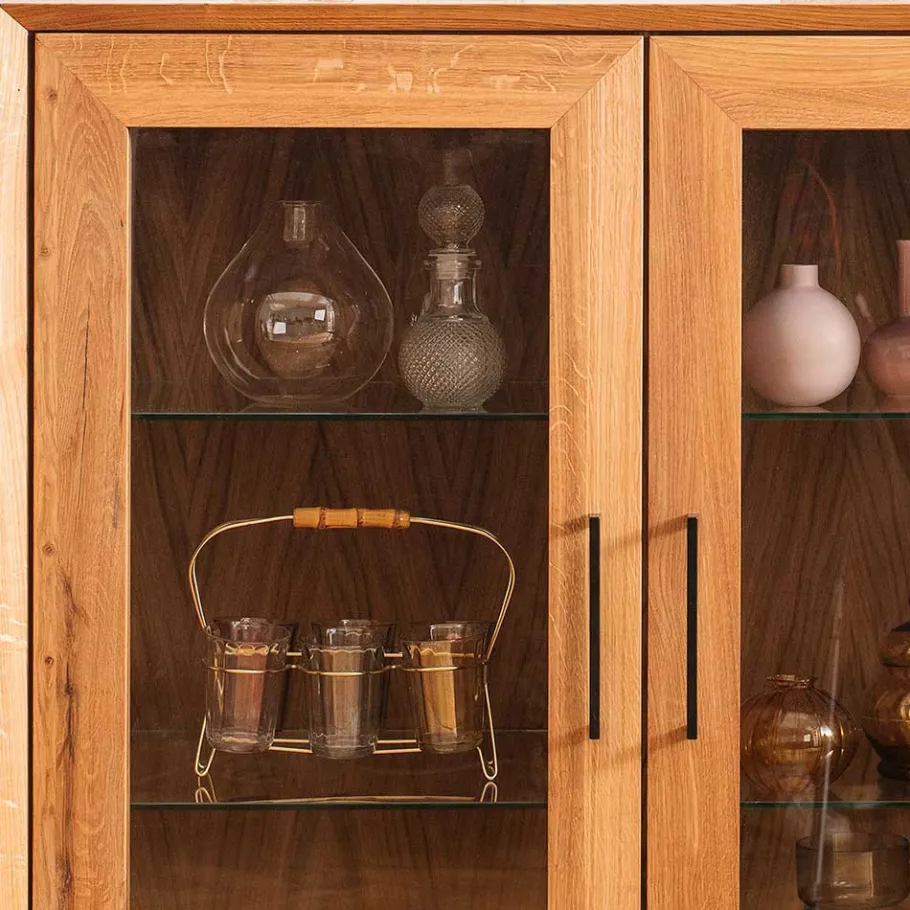 Wildeiche Vitrine mit zwei Schubladen - Kerfa Highboards|Vitrinen