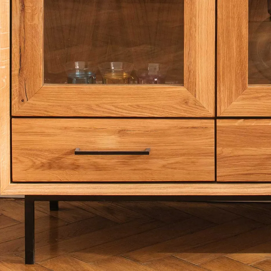 Wildeiche Vitrine mit zwei Schubladen - Kerfa Highboards|Vitrinen