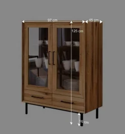 Wildeiche Vitrine mit zwei Schubladen - Kerfa Highboards|Vitrinen