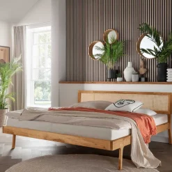 Sale 140x200 Holzbett aus Wildeiche mit Rattan - Ambrosso Betten