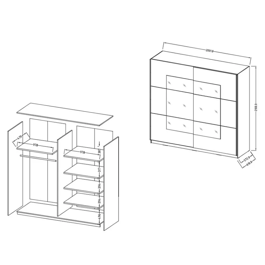 New 200x210x61 cm Schwarzer Kleiderschrank mit Schiebetüren - Dinamaro Kleiderschränke