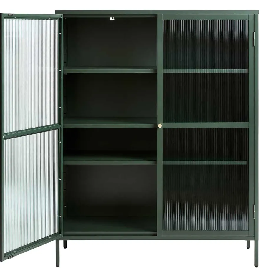 110x140x40 Dunkelgrüne Highboard Vitrine aus Stahl - Estellos Highboards|Vitrinen