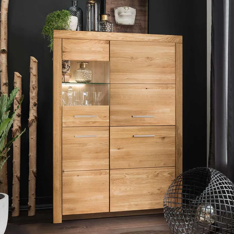 102x141x40 Highboard aus Wildeiche mit Glaseinsatz - Loitons Highboards|Schränke