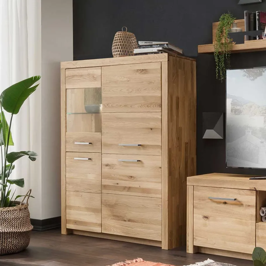 102x141x40 Highboard aus Wildeiche mit Glaseinsatz - Loitons Highboards|Schränke