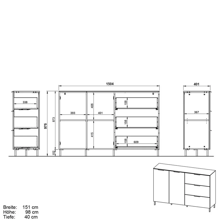 151x98x40 Hohe Kombi-Kommode in Dunkelgrau - Lurys Sideboards