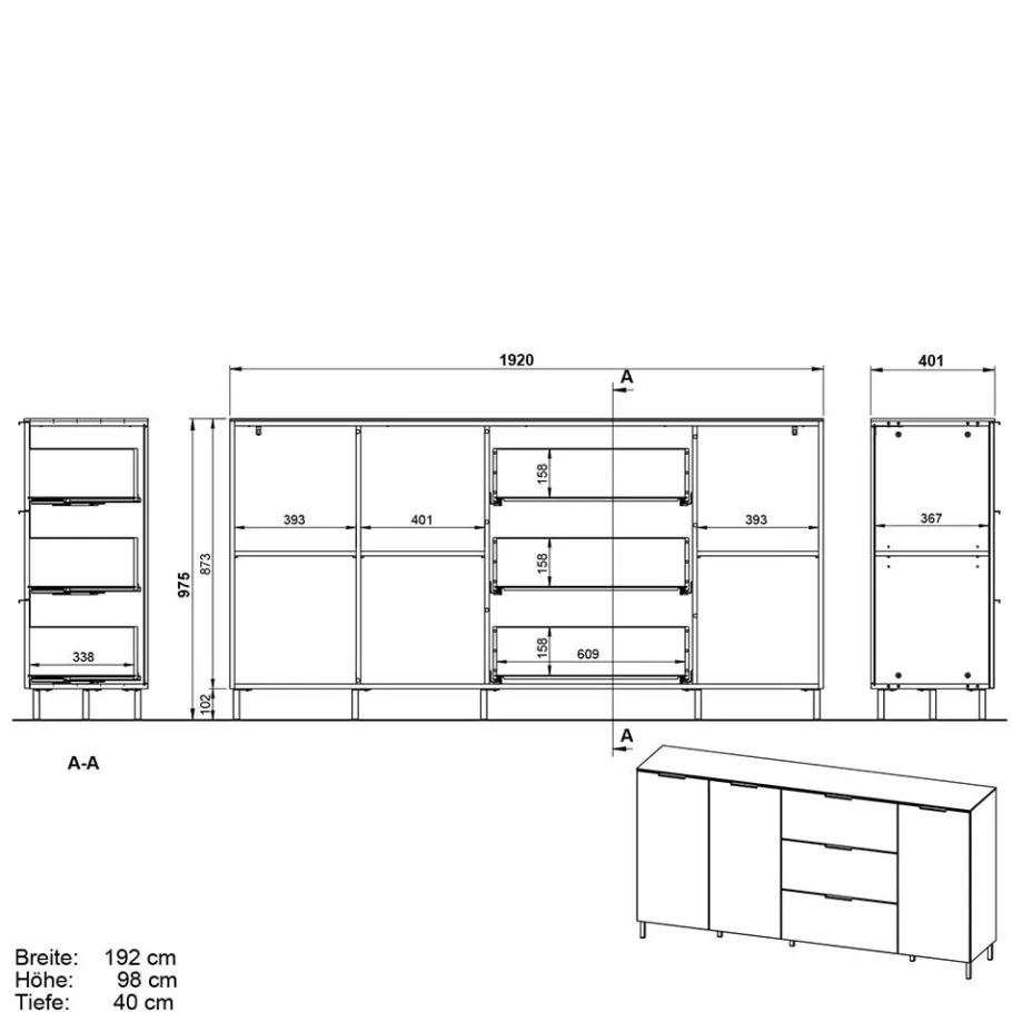 192x98x40 Hohes Sideboard in Dunkelgrau - Lurys Sideboards